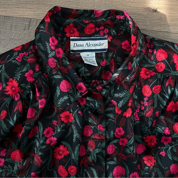 Vintage Dana Alexander Floral Button Down Long Sleeve Blouse Black Red Sz 14 - Picture 3 of 8